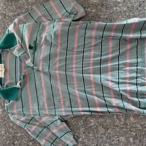 Vintage Striped Polo Shirt with Pink and Green Accents